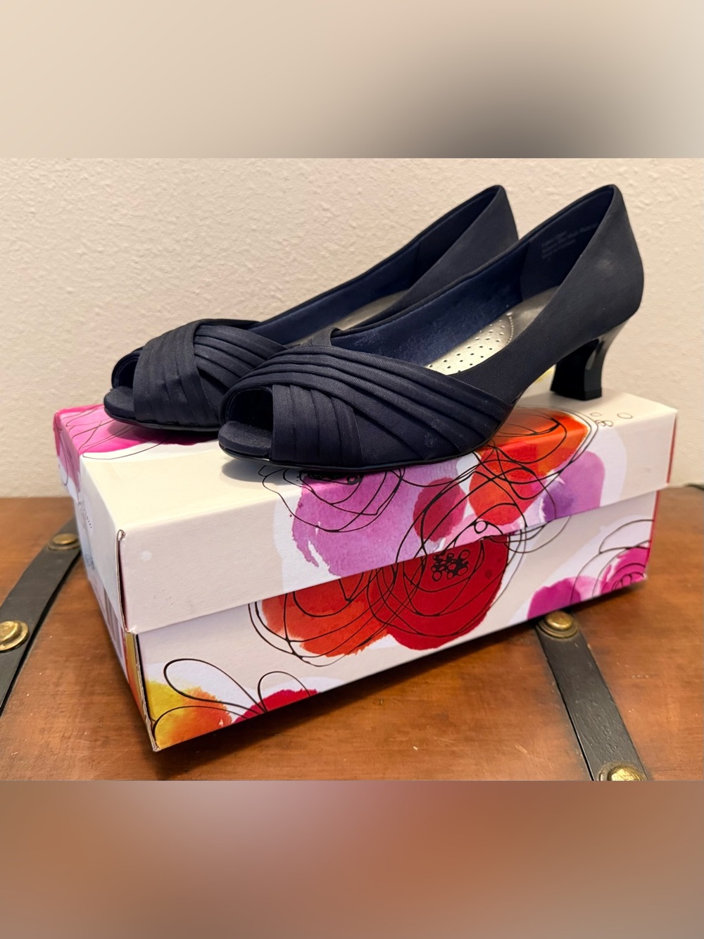 Amelia Grace Elegant Navy Peep-Toe Low Heel Pumps